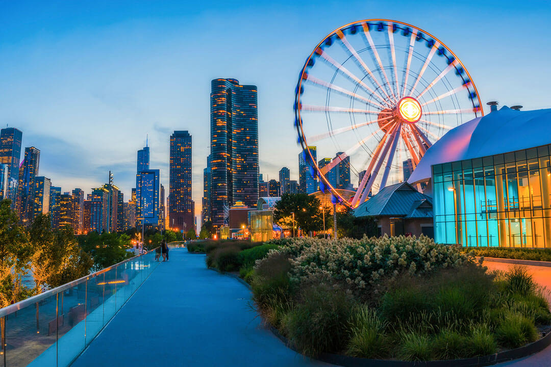 Views of Navy Pier at dusk